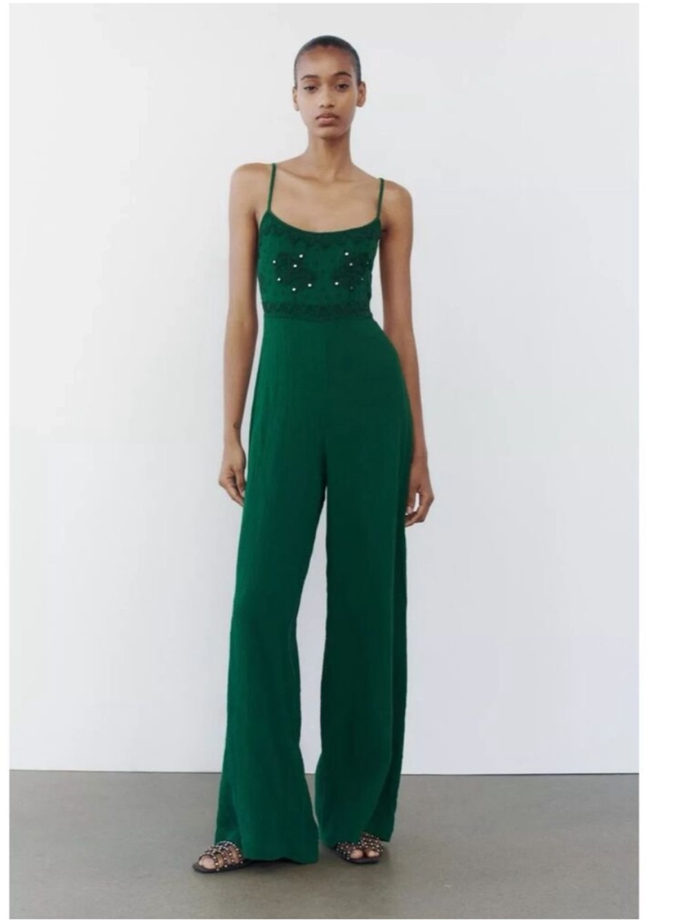 Zara Emerald Green Beaded Wide-Leg Jumpsuit